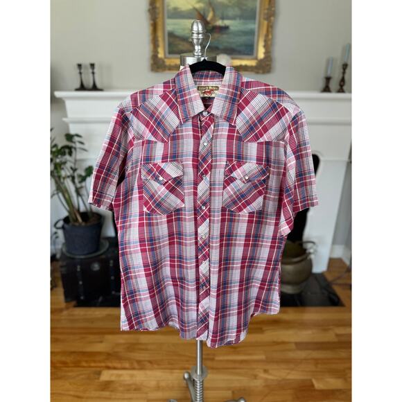 Vintage 90s Western Shirt, Youngbloods, Short Sleeve Snaps, Red White Blue Plaid - Picture 1 of 9